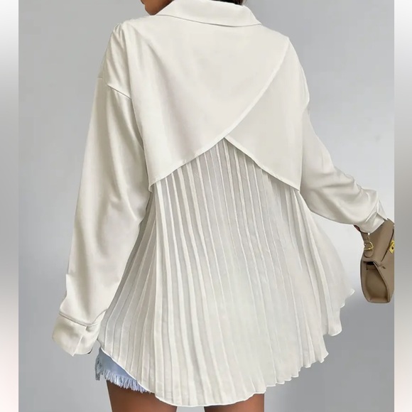 🎁 Unique! 🥀 Long Sleeve Solid Color Button Front Pleated Back Chic Blouse - Picture 5 of 8